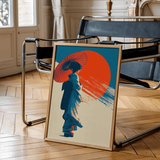 Japanese Geisha Pop Art poster design featuring Blue tones, Red sun, Beige background for bedroom