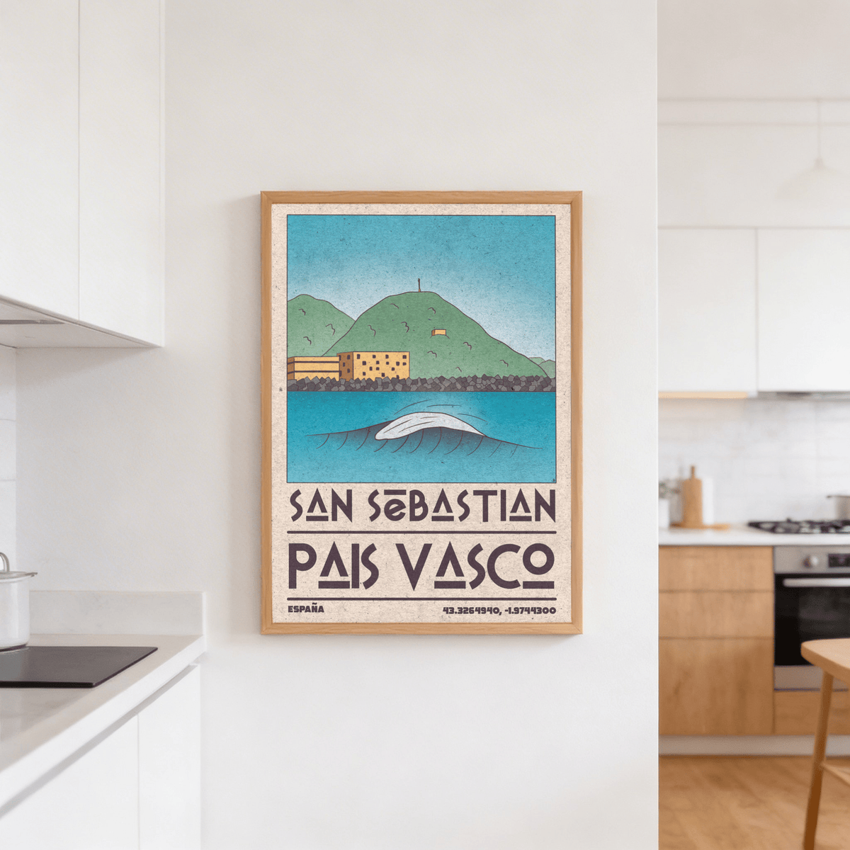 Graphic shoreline artwork with horizon line and light paper texture