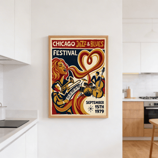 Retro-style jazz wall art print with trumpet, piano keyboard, and flowing ribbon shapes