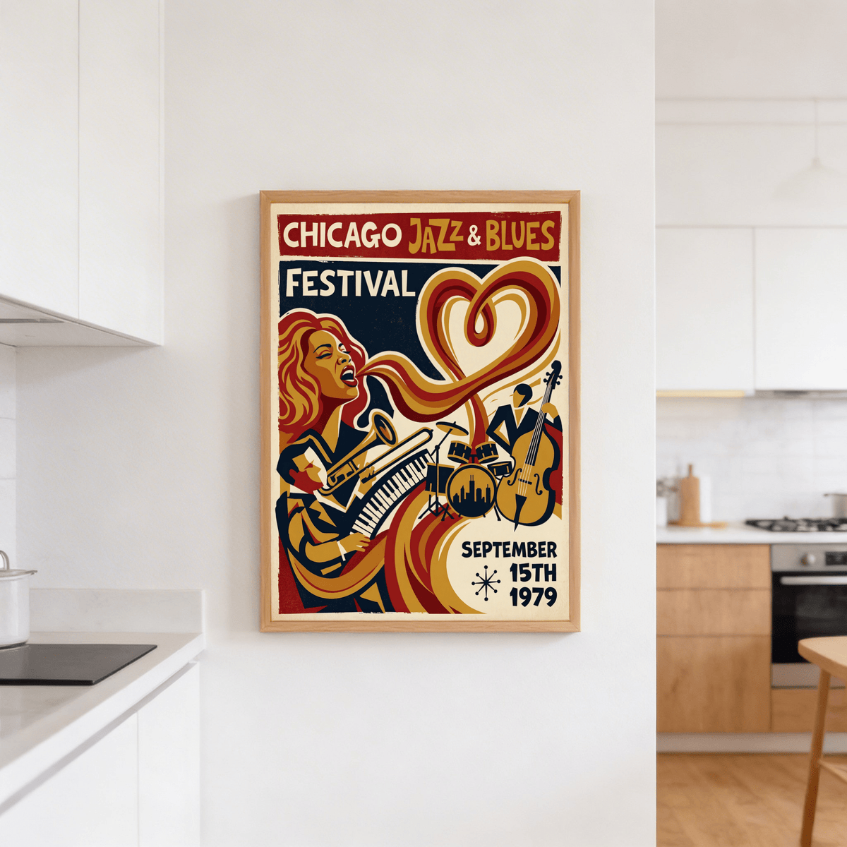 Retro-style jazz wall art print with trumpet, piano keyboard, and flowing ribbon shapes