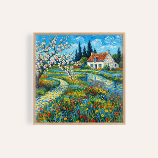 Impressionist Garden Poster with Blue, Green, Red in a living room wall art
