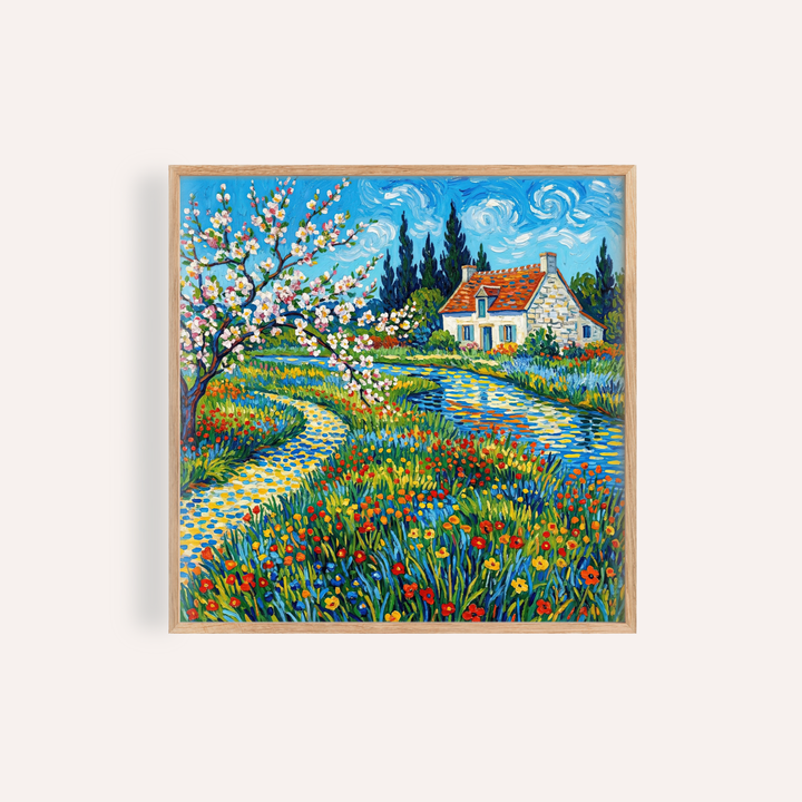 Impressionist Garden Poster with Blue, Green, Red in a living room wall art