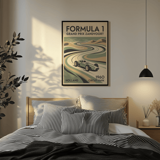 Formula 1 racing track illustration with central perspective and limited color scheme