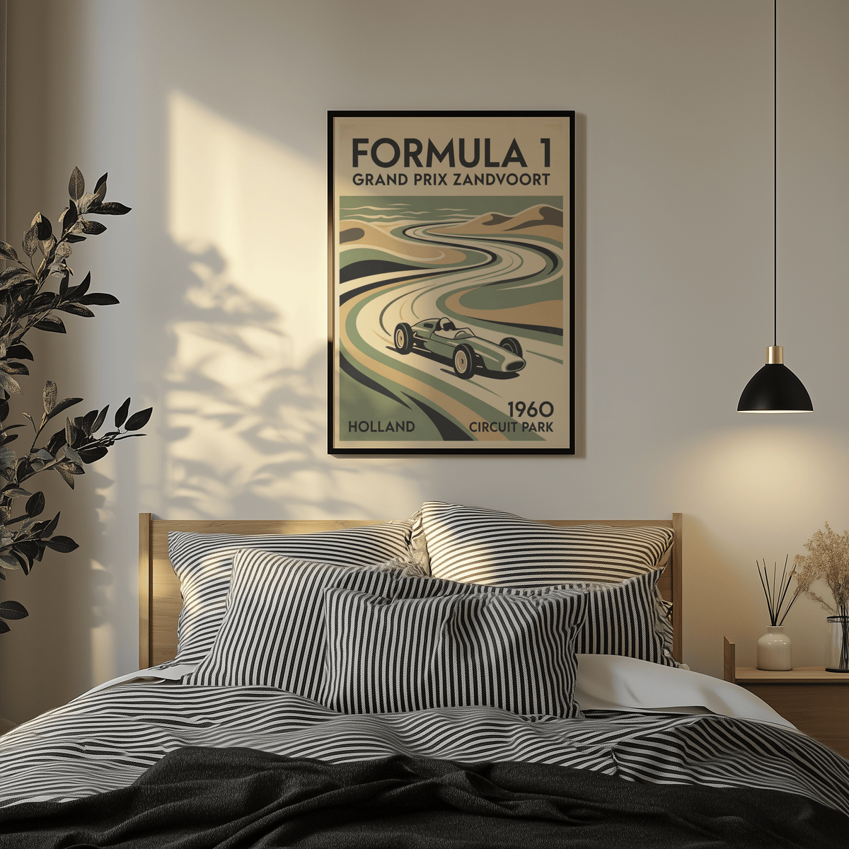 Formula 1 racing track illustration with central perspective and limited color scheme