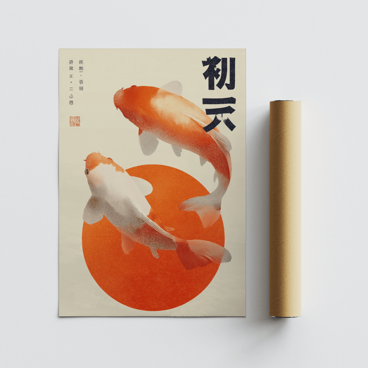 Koi Fish Wall Art print in beige, red, orange for dining room