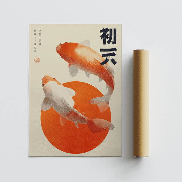 Koi Fish Wall Art print in beige, red, orange for dining room