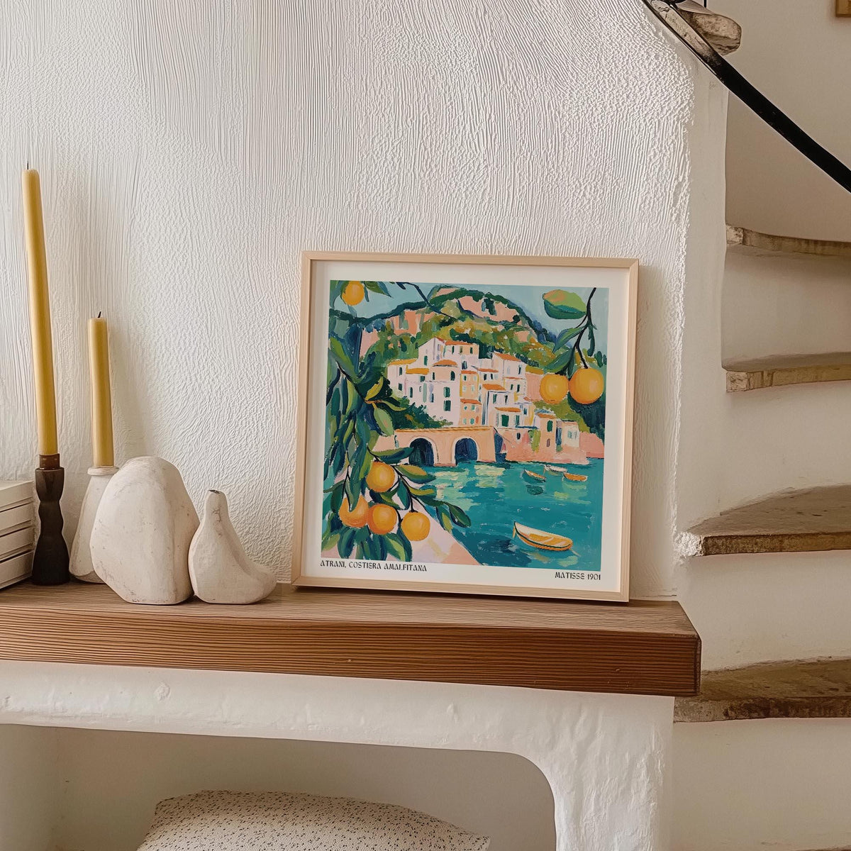 Expressive brushwork shows Atrani’s hillside homes in a bold Amalfi Coast Painting.