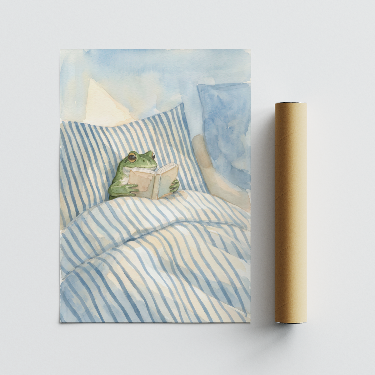 Gentle Frog Reading in Bed Print illustration poster with central motif