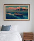 Hasui Kawase river boat wall decor featuring boat, grasses, and clouds