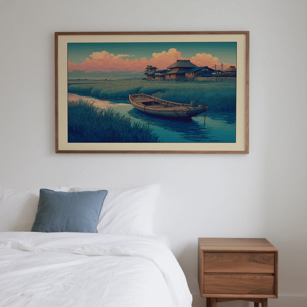 Hasui Kawase river boat wall decor featuring boat, grasses, and clouds