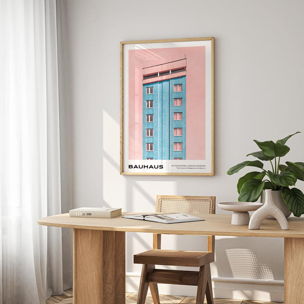 Blue structure and symmetrical windows in mid century modernist art print.