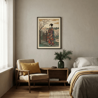 Detailed kimono textile pattern poster print with floral clusters and bird motifs in a garden setting