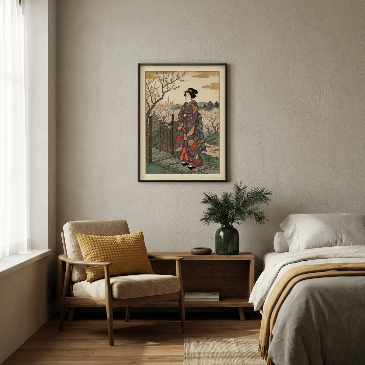 Detailed kimono textile pattern poster print with floral clusters and bird motifs in a garden setting