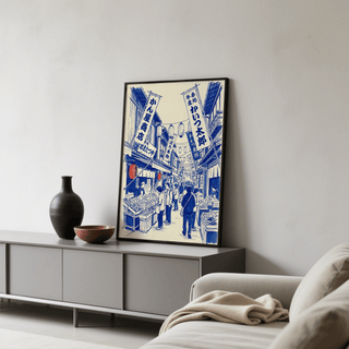 Japanese Market Art Print, blue and red palette for cultural home office decor