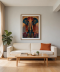Illustrated elephant wall art print with intricate forehead motif, patterned trunk, and architectural skyline behind