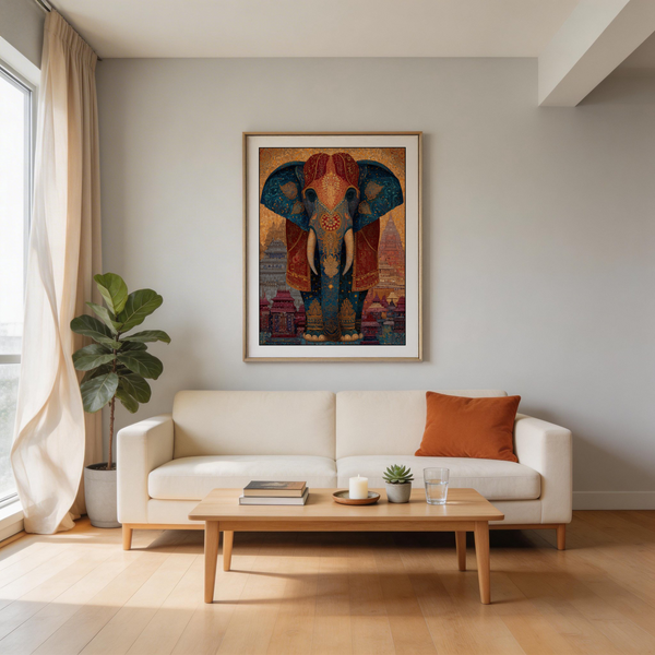 Illustrated elephant wall art print with intricate forehead motif, patterned trunk, and architectural skyline behind