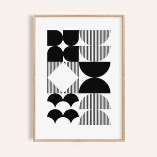 Framed Black and White Geometric Wall Art with minimalist black shapes and stripes