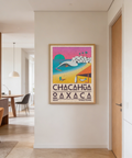 Retro travel wall art print featuring beach loungers, surfboarders, and a shaded hammock scene