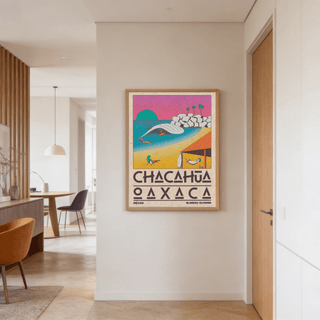 Retro travel wall art print featuring beach loungers, surfboarders, and a shaded hammock scene