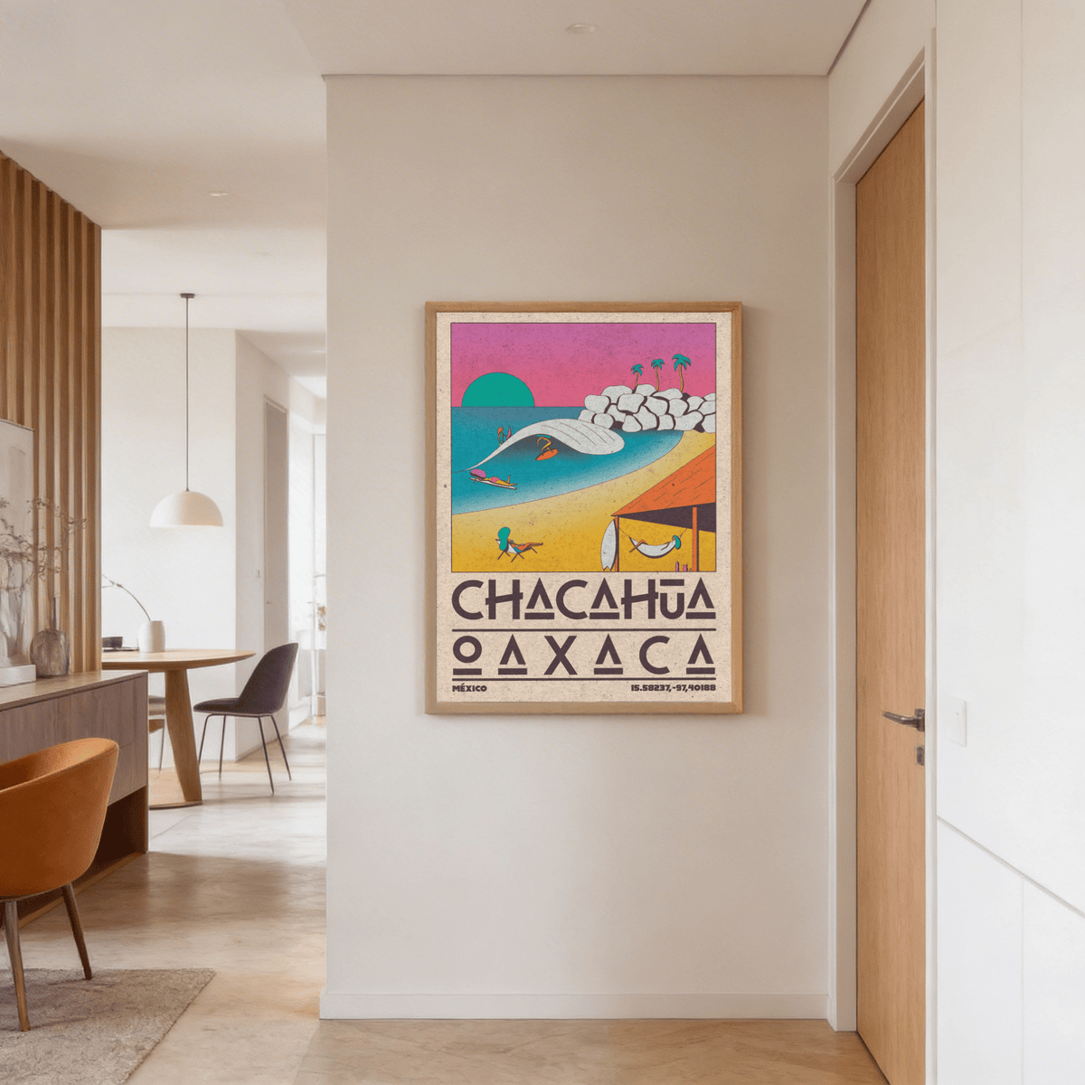 Retro travel wall art print featuring beach loungers, surfboarders, and a shaded hammock scene