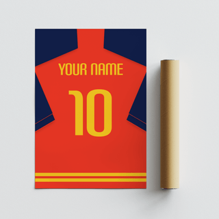 Detail view of Spain Football Shirt Poster typography with YOUR NAME and the number 10 in flat graphic style
