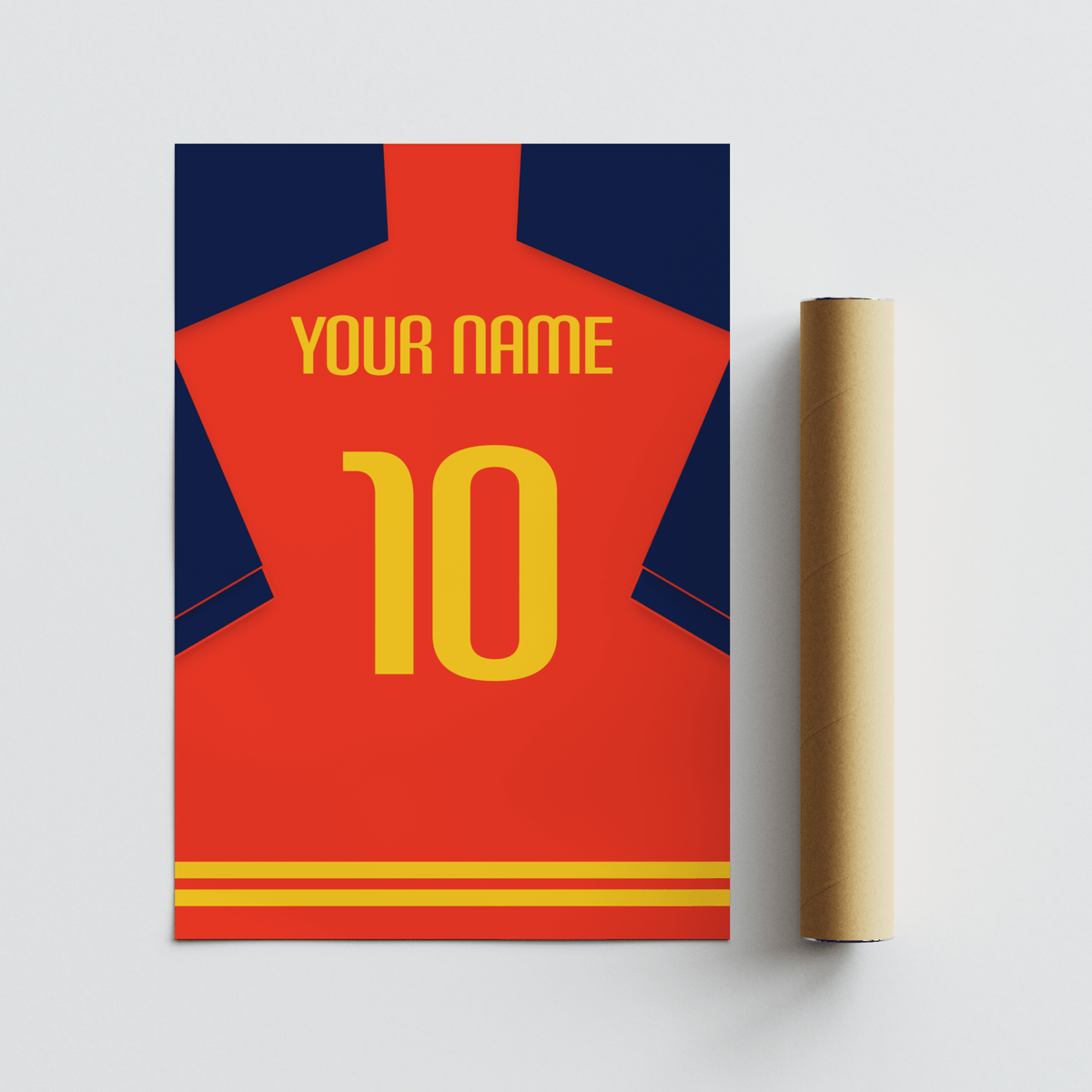 Detail view of Spain Football Shirt Poster typography with YOUR NAME and the number 10 in flat graphic style