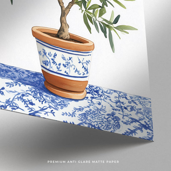 Botanical Olive Tree Art illustration on a white background with classic ceramic planter.