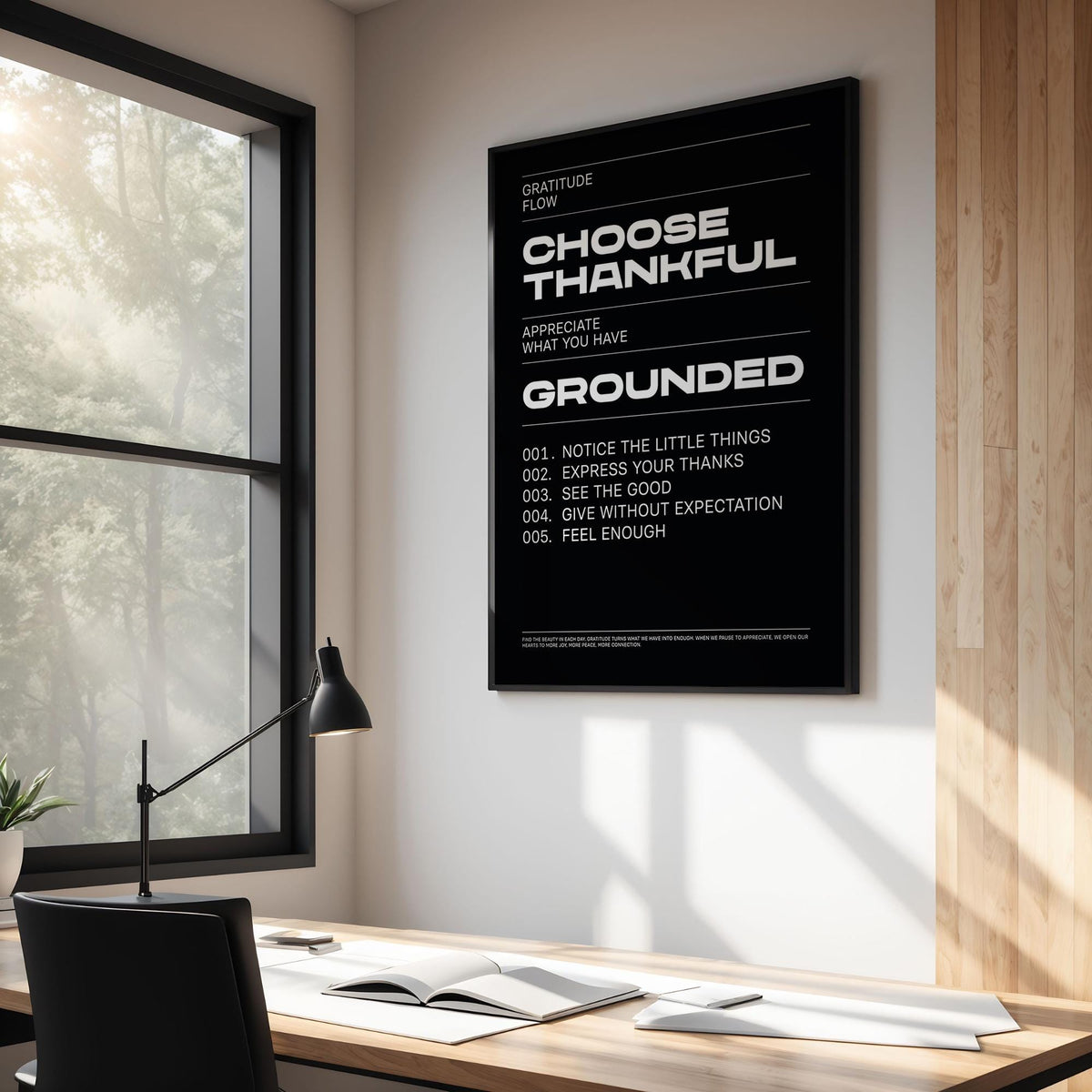 Black and white poster with quotes like “Feel Enough” and “See the Good.”