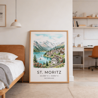 Detailed St. Moritz poster print featuring church spire, clustered chalets, and rail line