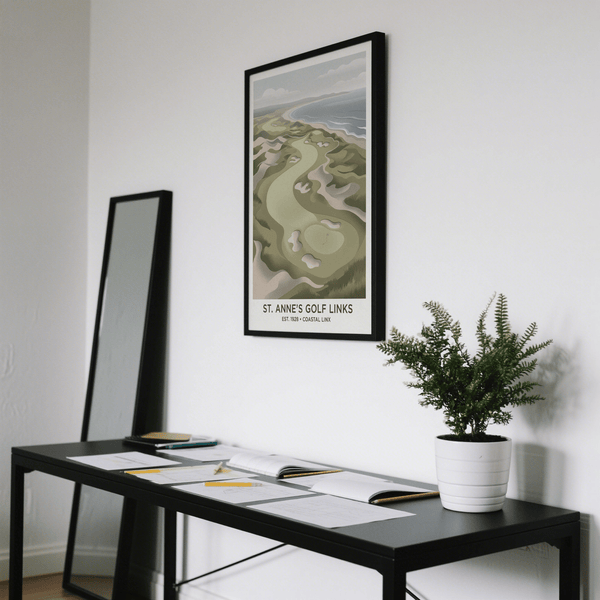 Stylized Coastal Golf Landscape wall art print with rolling greens and coastal water