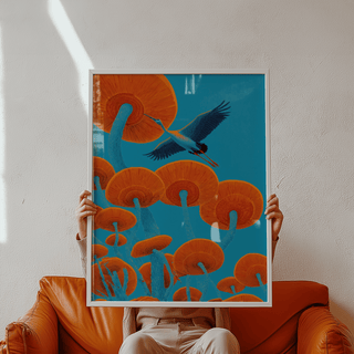 Japandi Bird Print showcasing Blue and Red colors, stylish office wall art