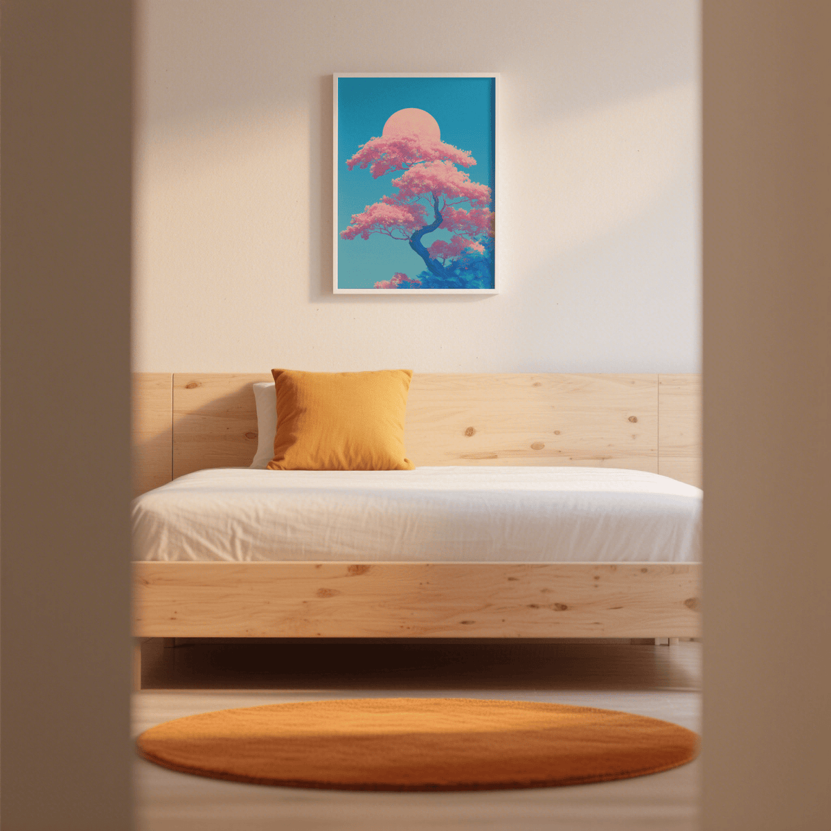Japanese Cherry Blossom Print poster featuring blue trunk and pink leaves for study