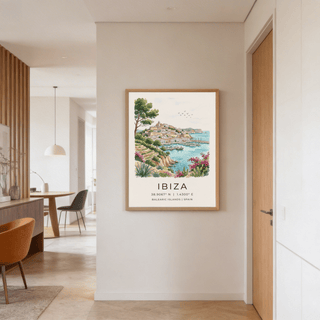 Scenic travel poster featuring cliffside town architecture and calm bay water