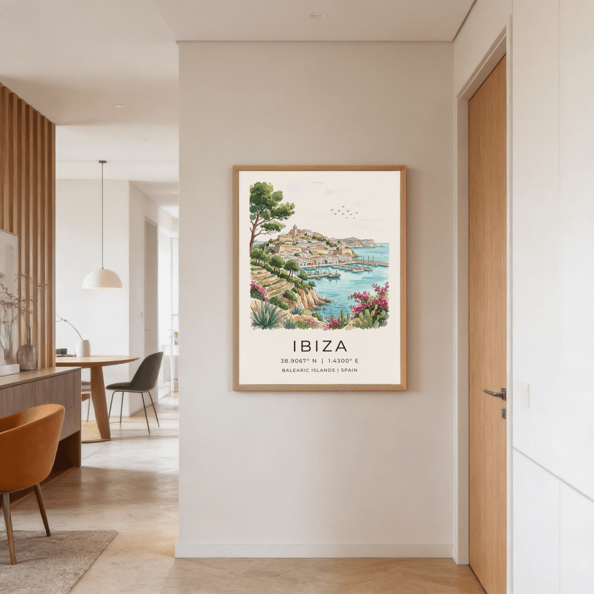 Scenic travel poster featuring cliffside town architecture and calm bay water