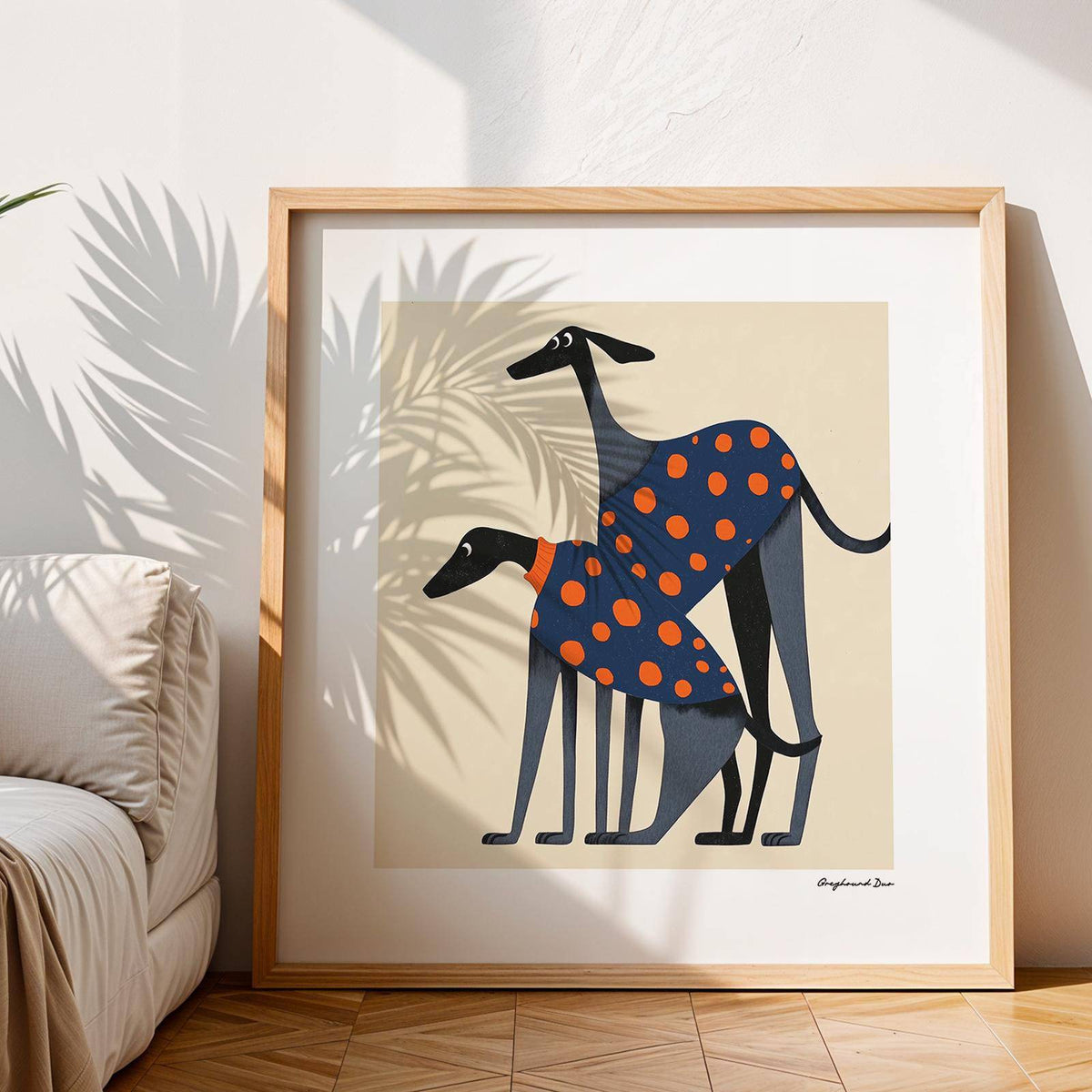 Whimsical greyhound design poster of a dog suitable for pet enthusiasts