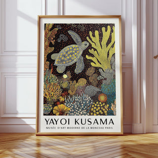 Sea turtle wall art featuring yellow and orange marine forms in dot style.