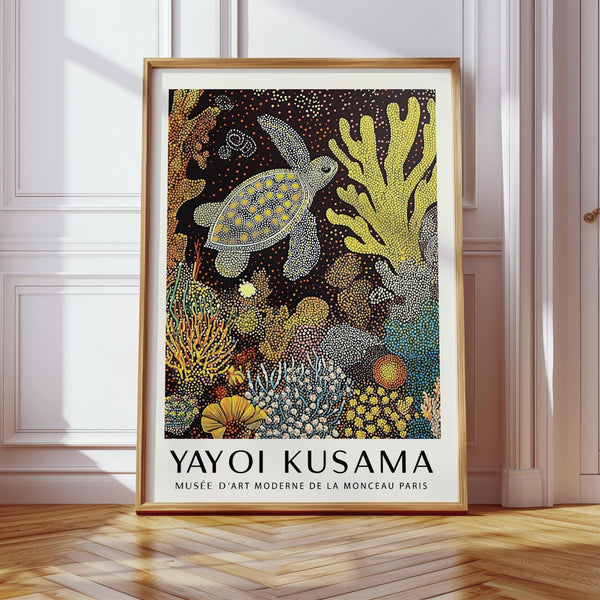 Sea turtle wall art featuring yellow and orange marine forms in dot style.