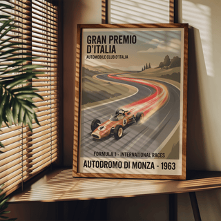 Typography-focused print showing “Gran Premio d’Italia” headline above illustrated racetrack landscape