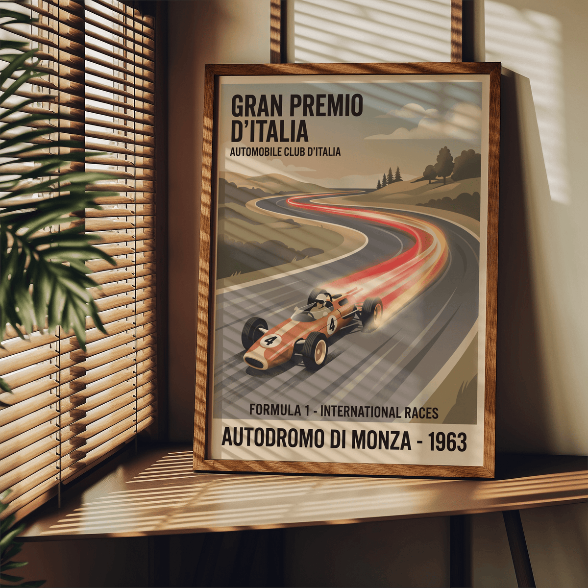Typography-focused print showing “Gran Premio d’Italia” headline above illustrated racetrack landscape