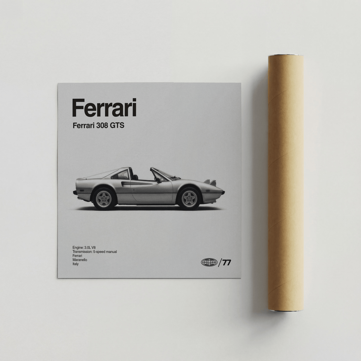 Gray and Black Ferrari 308 GTS Poster for automotive-themed living area