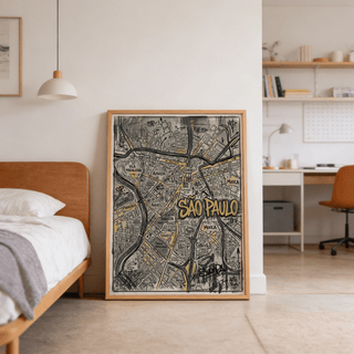 Typography-focused crop of Sao Paulo map wall art with large SAO PAULO lettering