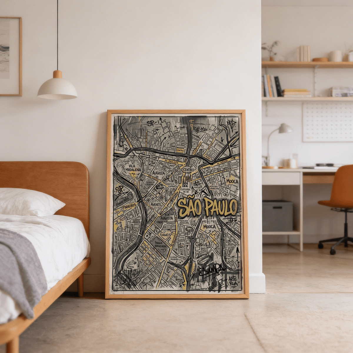 Typography-focused crop of Sao Paulo map wall art with large SAO PAULO lettering