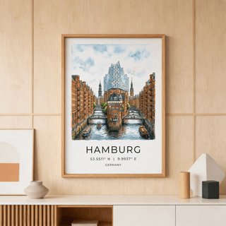 Framed view Hamburg Cityscape Art Print with canal perspective and skyline