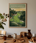 Presents an illustrated landscape wall art poster with bunkers, trees, and fairway