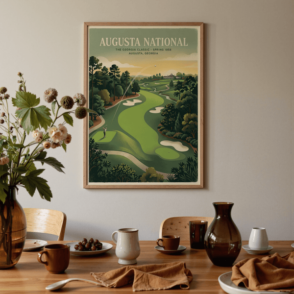 Presents an illustrated landscape wall art poster with bunkers, trees, and fairway