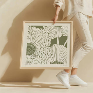 Yayoi Kusama-inspired sage green abstract wall art with white accents