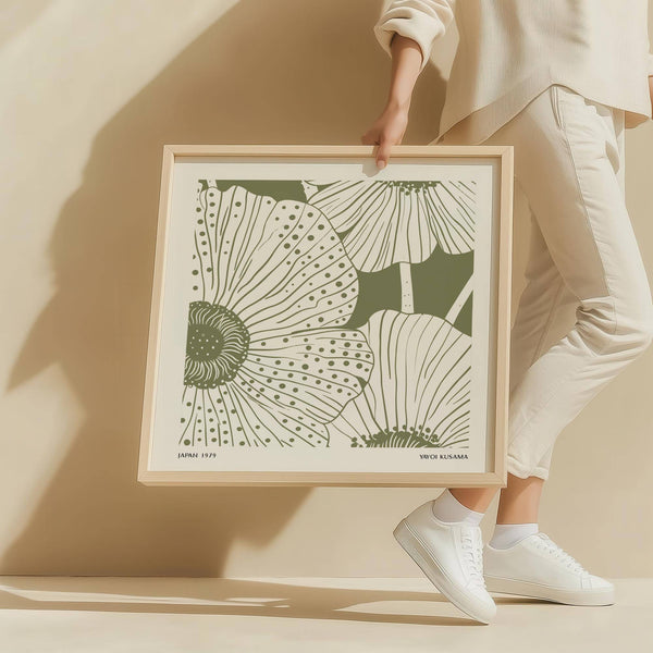 Yayoi Kusama-inspired sage green abstract wall art with white accents