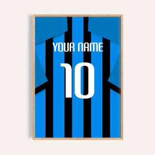 Framed print close-up of a football shirt poster in black and blue stripes with blue sleeves showing the number 10 and text Your Name