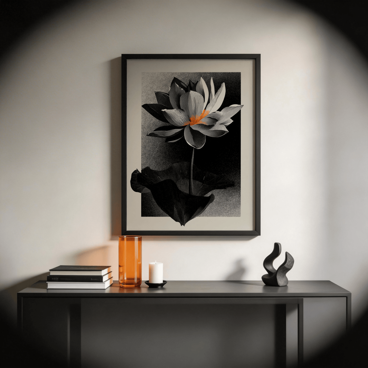 Vertical Lotus Flower Art Print featuring orange center detail