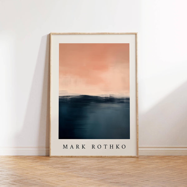 Abstract wall art with red sunset and ocean-inspired colours.